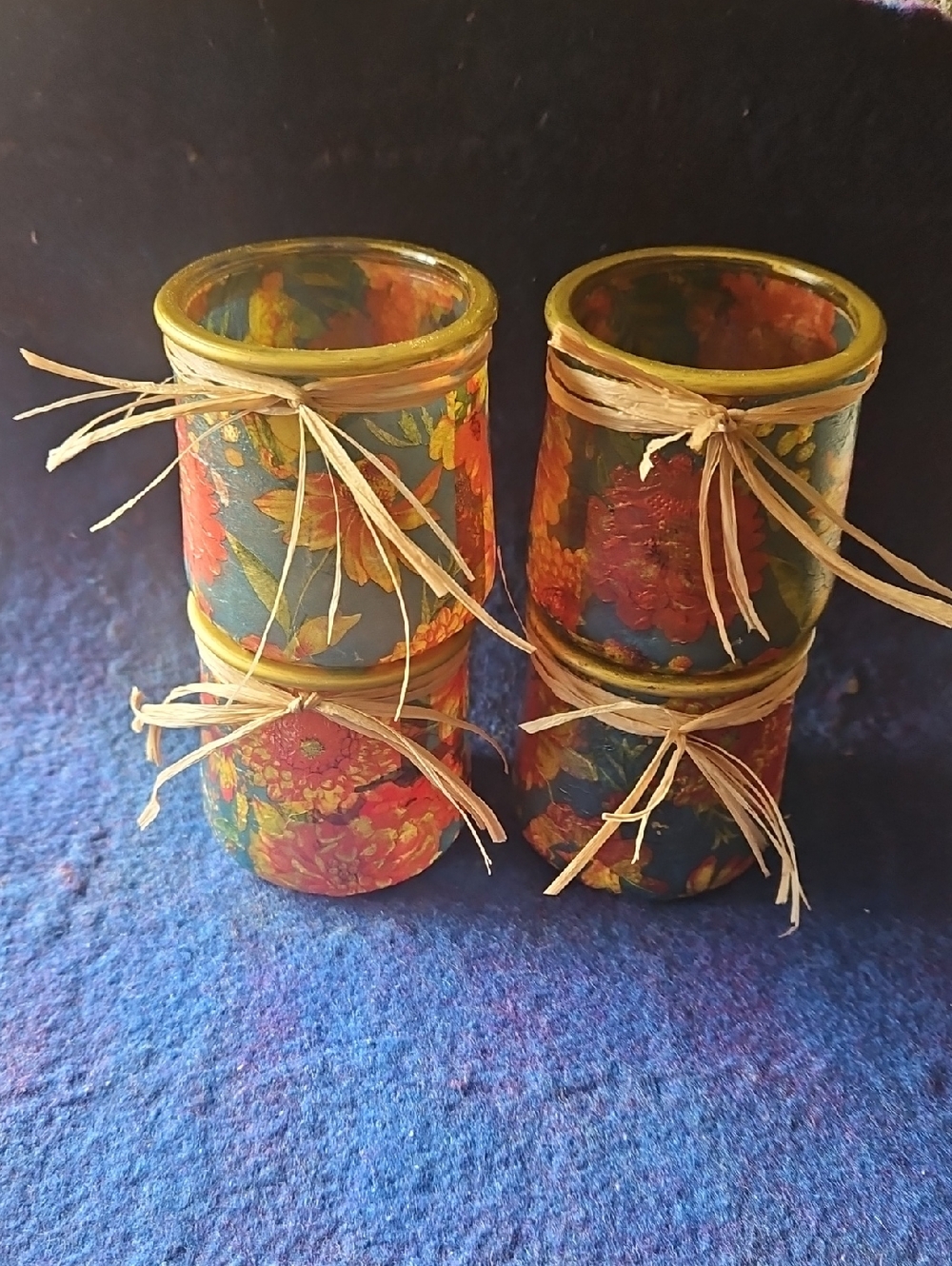 Decopaged Glass Jars/Voltive Holders. Painted Gold Rim & Tied w/ Raffia . Qty 4